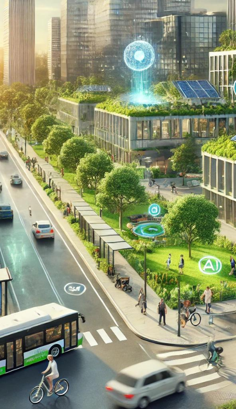 Here's a realistic image representing "The Future of Urban Living," highlighting sustainable development, eco-friendliness, and AI data-driven technology. The scene depicts a modern city environment with green buildings, solar panels, electric vehicles, bike-sharing stations, smart public transportation, public parks, and green spaces. AI-driven technology is showcased through smart streetlights, interactive kiosks, and real-time data displays, presenting a vibrant urban area where technology and sustainability are seamlessly integrated. The image size is 390px x 670px, with no text or titles included.</p>
<p>